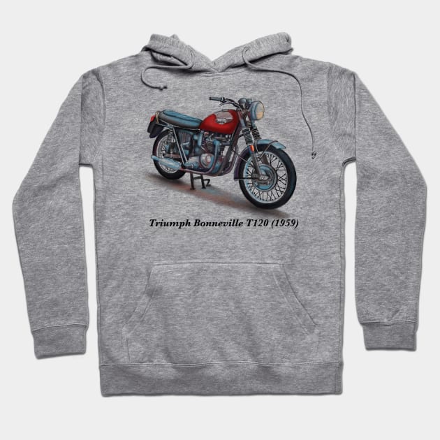 Drawing of Retro Classic Motorcycle Triumph Bonneville T120 1959 Hoodie by Roza@Artpage